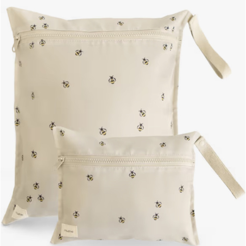 mushie Water Resistant Wet Bags | Large & Small Reusable Storage Bag for Baby Items and Travel | Zippered Pockets with Handle | Machine Washable, Set of 2 (Bees)