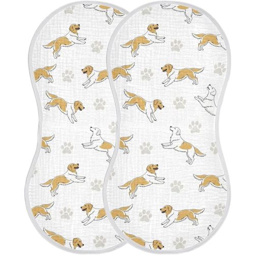 2 Pack Muslin Burp Cloths Golden Dogs Paw Prints White Cotton Baby Burp Cloths Ultra Absorbent and Soft Thick Burping Cloth for Newborn Baby Boys Girls 22x11 Inch