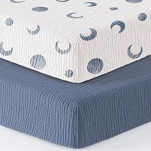Bearmoss Muslin Mini Crib Sheets for Pack N Play Mattress - 100% Cotton - 38"x26" Soft Breathable Playard Baby Crib Sheets Neutral for Boys Girls - 2 Pack (Blue Crescent)