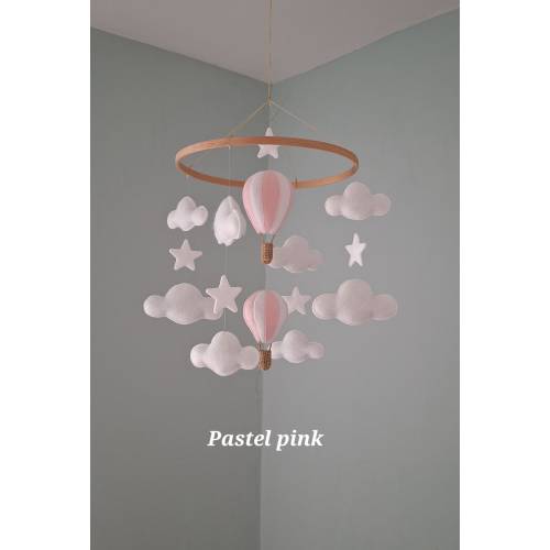 Nursery Mobile Colourful Hot Air Balloons White Cloud Stars Hanging Decoration Pink Green