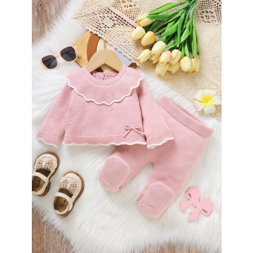 SHEIN 3pcs Green Infant Sweater Set - Peter Pan Collar Long Sleeve Top + Leggings + Fashionable Hat, Newborn Casual Minimalist Outfit Fall Winter Baby Girls Sweet Embroidered Collar Ruffle Long Sleeve Blouse And Suspender Skirt Set Cozy Pixies Baby Girl S