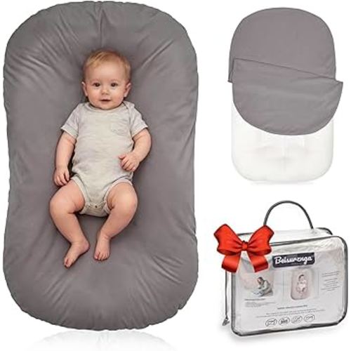 Baby Lounger for Newborn - Snuggle Cozy Me Lounger | Breathable Soft Cotton, 0-24 Months Portable Playtime Baby Nest, Newborn Baby Essentials Gifts- Grey (1 Lounger + 1 Cover)