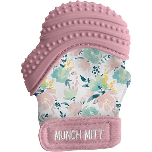 Malarkey Kids Patented Teething Mitten, Munch Mitt Baby Chew Toy - Protects Hands from Chewing & Saliva, Heals Aching Gums, Promotes Sound & Visual Stimulation for Babies - Pink Floral