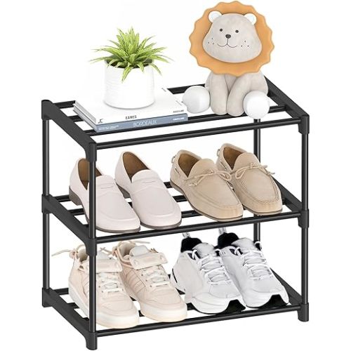 3 Tier Small Shoe Rack, Narrow Stackable Shoe Shelf for Kids Toddler Adult, Lightweight Shoe Rack Stand for Closet Dorm Storage Organizer, Front Door Entrance, Entryway