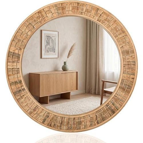 Vercraft 24 Inch Round Rattan Wicker Mirror, Rustic Boho & Farmhouse Style Handmade Woven Frame, Decorative Wall Mirror for Bathroom, Living Room, Bedroom, Entryway, Nursery Decor