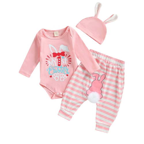 WIBACKER Newborn Baby Boys Girls Easter Bunny Outfits My 1st Easter Romper+Striped Pants+Hat 3Pcs Clothes Set