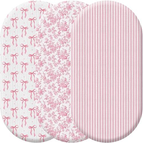 Peryiter Baby Muslin Bassinet Sheets 3 Pack, Featuring Pink Stripes, Flowers, and Bows, Standard Size 33x17, Breathable, Elastic, Cozy Fitted 100% Cotton Baby Cradle Mattress Sheet for Boys Girls
