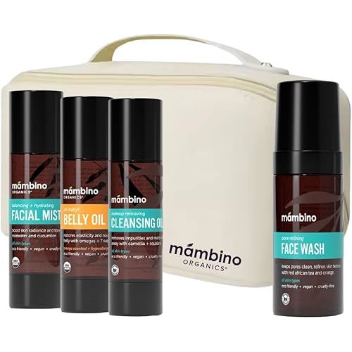 Mambino Organics Third Trimester Skincare Set + Free Bag - Natural Pregnancy Skin Care Kit with Belly Oil, Rose Facial Mist, Cleansing Oil, Face Wash