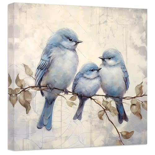 ZXHYWYM Bathroom Wall Art Bird Canvas Prints Blue Gray Birds Family Standing on Branch Painting Animal Pictures Artwork Home Decor for Bedroom(2, (12.00" x 12.00"))
