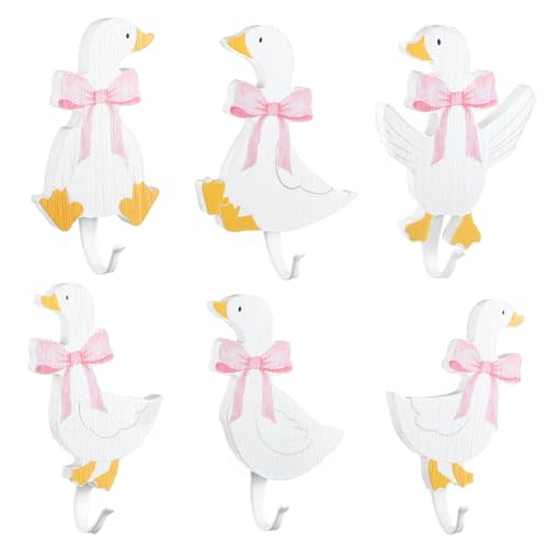 6 Pcs Decorative Goose Wall Hooks Kids Wooden Goose Baby Nursery Hooks Cute White Towel Hanger for Childs Nursery Bathroom Bedroom Home Decor (Pink Coquette Bow)