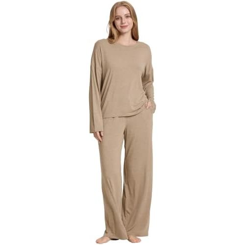 TOSMO Womens Pajamas Set Soft Pjs Viscose from Bamboo Long Sleeve Loungewear Wide Leg Pants Set