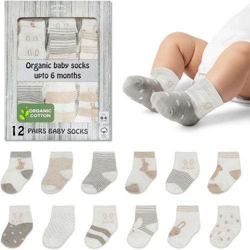 Mother's Choice Organic Cotton Baby Socks 0-6 Months, 12 Pairs Unisex - Soft & Hypoallergenic Baby Girl & Boys Socks (US, Age, 0 Months, 6 Months, Brown,Gray,White)