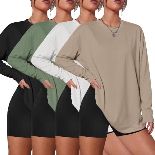 Siimcuzy 4 Pack Women's Long Sleeve Oversized T Shirts Basic Fall Tops | Crewneck Soft Basic Clothing, Workout Athletic Gym Tees, Plus Size Trendy Streetwear, Cute Winter Casual Outfits