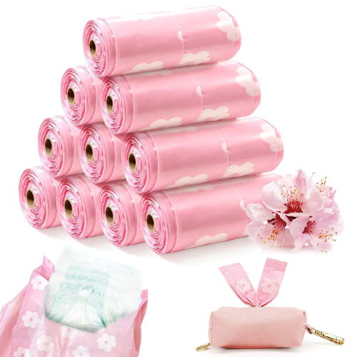 Sadocom Easy-to-Tie Tabs Odor-Sealing Disposable Diaper Bags, Sakura Scented, 150 Count, Odor-Sealing Dirty Diaper Trash Bags, Pet Waste Bags, New Parent Gift