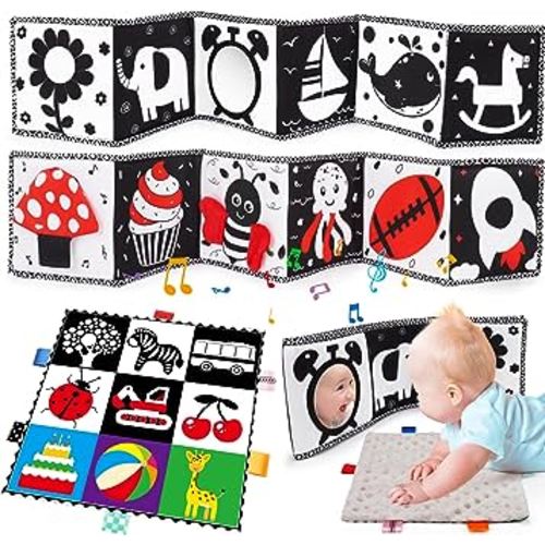 2 PCS Black and White High Contrast Baby Toys 0-6 Months Soft Crinkle Book for Early Education Montessori Sensory Toys for Newborn Brain Development Tummy Time Mirror Infant Toys 6-12 Months Gifts