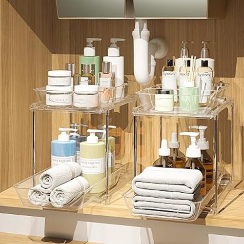 2 Pack Bathroom Cabinet Organizer, 2 Tier Clear Under Sink Organizers and Storage Medicine Cabinet Organizer with Dividers, Pull Out Kitchen Pantry Shelf Cupboard Closet Vanity Organization Bins