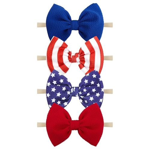 4th of July Flag Baby Nylon Headbands Bows Red Blue White Star Spangled Hairbands Bows Hair Accessories for Newborns Toddlers Kids 4 Pcs