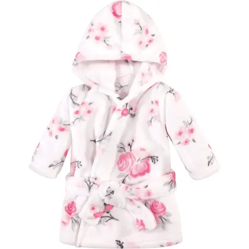 Hudson Baby Unisex Baby Plush Animal Face Bathrobe, Pink Floral, 0-9 Months