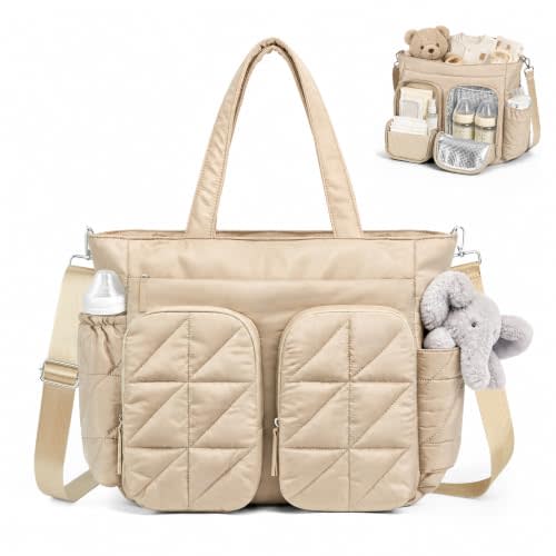 TOPEAST Diaper Bag Tote, Quilted Puffer Baby Bag with Insulated Pockets, Lightweight Hospital Bag for Mom & Dad, Travel, Work