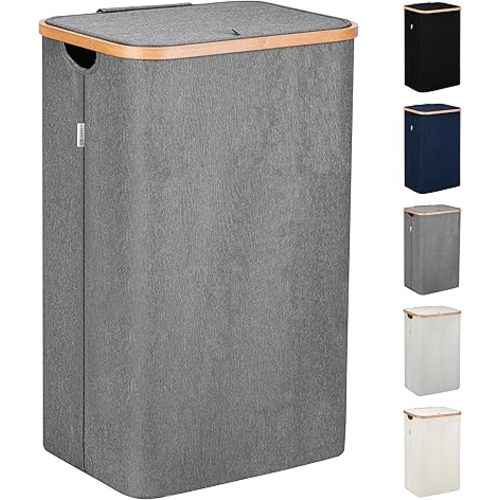 LONBET Laundry Basket with Lid, Made from Breathable Fabric | Aesthetic Clothes Hampers for Laundry with Side Handles & Sturdy Bamboo Frame (26 Gallons - Single, Gray)