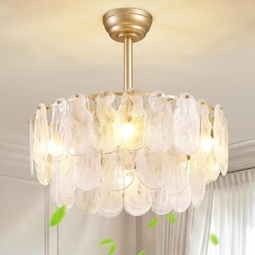 NOXARTE 23.6" Gold Ceiling Fans with Lights, Modern Gold Cloud Glass Ceiling Fan with Remote, Multi-Tier Caged Ceiling Fan 6 Speeds Reverse Motor Gold Fandelier for Bedroom Living Room Dining Room