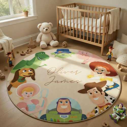 Toy Story Rug Personalized Woody Buzz Lightyear Nursery Decor, Custom Disney Kids Room Rug, Toy Story Birthday Gift, Round Play Mat