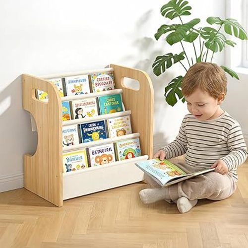 XiaZ Bookshelf for Kids Room Wooden Montessori Toddler Bookshelf Solid Pine C-Frame Child Book Shelf with Handle, Portable 4-Tier Kids Nursery Book Organizer Bookcase Easy Install for Study Room