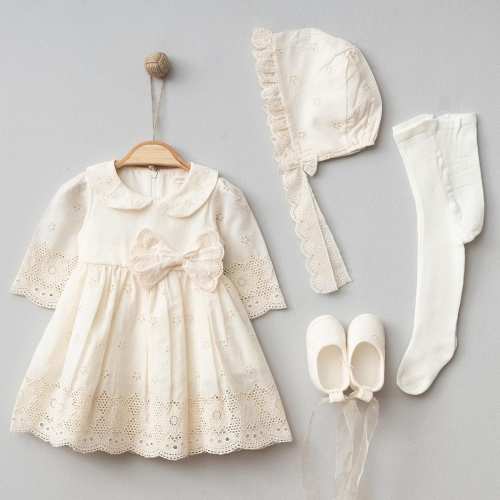 Baby Girl Eyelet Lace Dress Set: Christening Outfit with Bonnet, Tights & Shoes