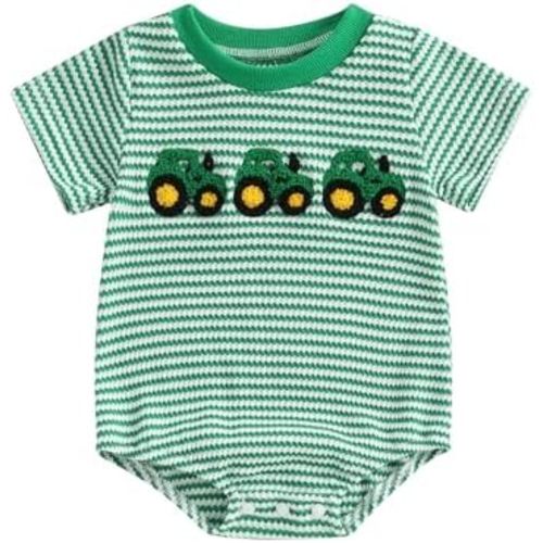 Newborn Baby Boy Girl Summer Outfit Striped Bubble Romper Waffle Farm Tractor Short Sleeve Bodysuit Country Clothes