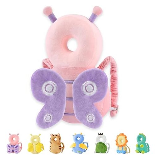 JunNeng Baby Head Protector Backpack for Walking Crawling, Dot Butterfly | Soft, Breathable, Adjustable, Baby Fall Back Head Protector for Falling, Purple Dots Butterfly