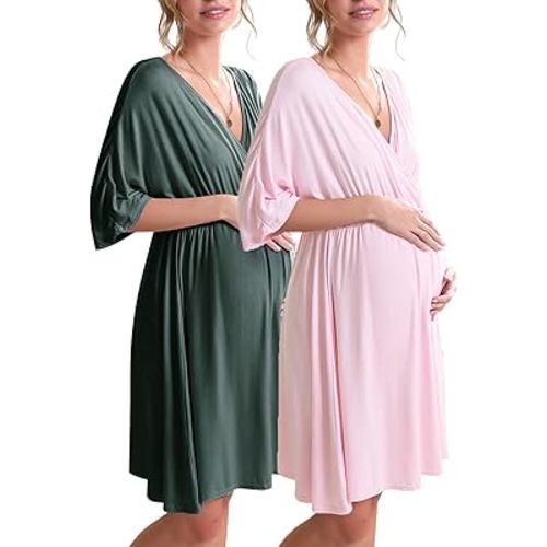 Ekouaer 3 in 1 Labor/Delivery/Hospital Gown 2 Pack Maternity Dress Nursing Nightgown Sleepwear