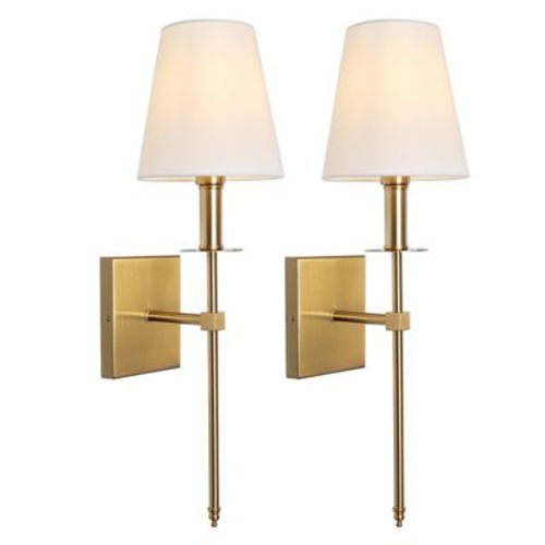 LamQee Wall Sconces Set of 2 Gold Industrial Wall Lamps Bathroom Vanity Sconces Wall Lighting with White Fabric Shades Wall Lights