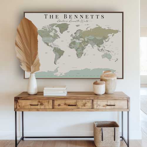 Personalized Green Grey World Map Wall Art Large Push Pin Map Print Custom Canvas World Map Pin Board Retirement Gifts For Women