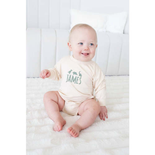 Embroidered Dinosaur Long Sleeve Bubble Romper | Natural