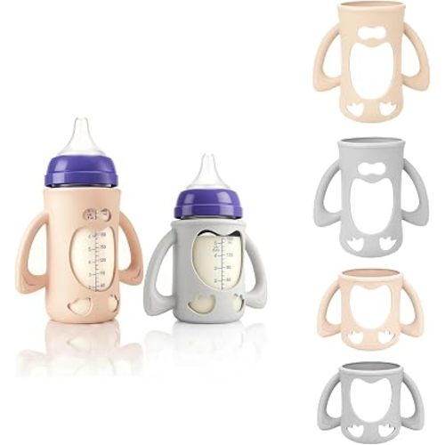 4-Pack Silicone Sleeves for New Lansinoh Glass Bottles, BPA-Free Drop-Resistant Baby Bottle Sleeves with Handles, Compatible with Lansinoh Anti-Colic Glass Baby Bottles (5 & 8 oz)