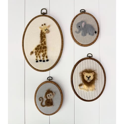 Needle Felted Zoo Animals Nursery Decor Set – Lion, Elephant, Giraffe, Monkey Wall Art