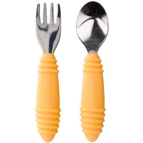 Bumkins Toddler Utensils, Kids Size Fork and Spoon Set, Silicone and Stainless-Steel Training Silverware, Angled Forks / Sporks for Self-Feeding, Children Learning to Eat, 18 Mos Up, Tangerine Orange