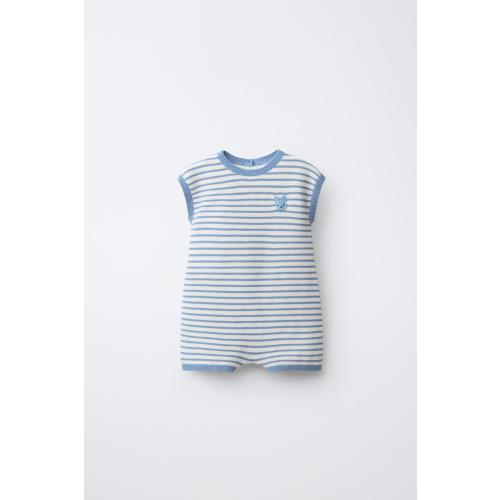 STRIPED KNIT SHORT JUMPSUIT WITH BUNNY PATCH - Ecru / Blue | ZARA United States