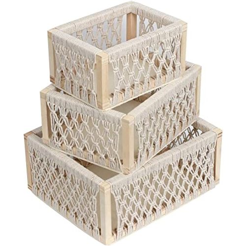 Macrame Baskets for Storage Set of 3, White Decorative Storage Bin for Living Room, Perfect Pampas Grass Holder