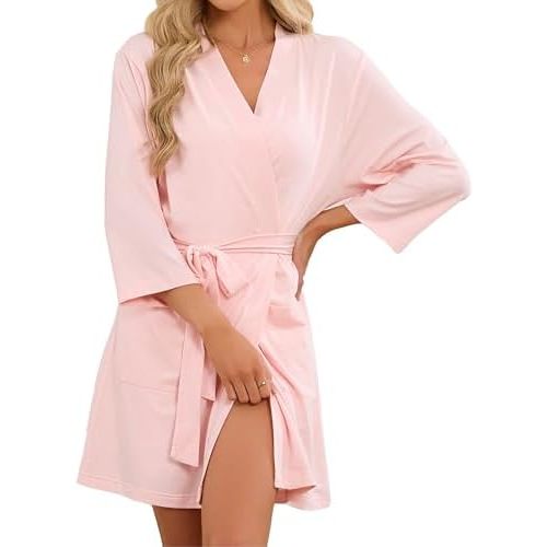U2SKIIN Womens Tencel Cotton Kimono Robe, Soft Lightweight Short Bathrobe, V-neck Spa Loungewear with Pockets