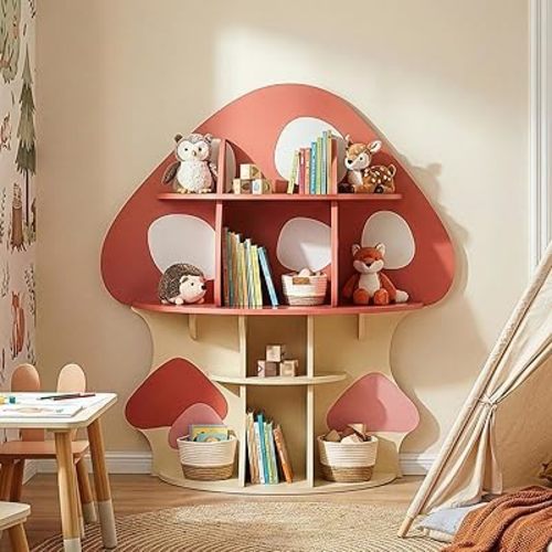 Karl home Children Mushroom Bookcase, Red-Orange