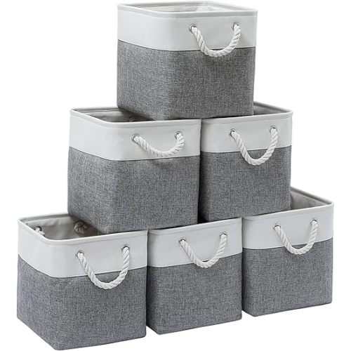 MidmmVick 11 x 11 Inch Cube Storage Bins, 6 Pack Large Collapsible Fabric Storage Bin with Ropes, Foldable Storage Cubes for Home, Office,Closet, Clothes, Toys Organizer (White & Grey-11"x11"x11")