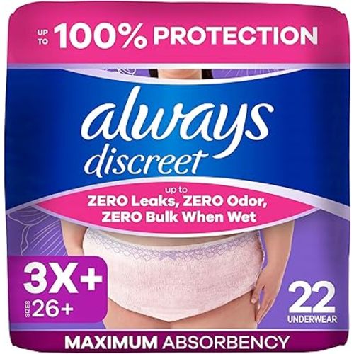 Always Discreet Reimagined Adult Diapers for Women, Maximum Absorbency Incontinence and Postpartum Underwear Size 3X+, Up to 100% Leak Free Bladder Leak Protection, 22 Count​
