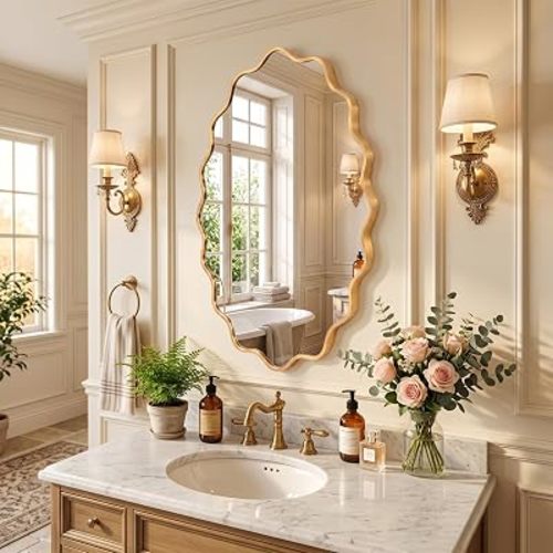 Dorlicecass Oval Wavy Mirror - Irregular Wall Mirror 22"x30" Gold Asymmetrical Aviation Aluminum Alloy Frame for Bathroom, Bedroom, Living Room, Cloakroom, Entryway