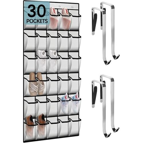 Over the Door Shoe Organizer with 30 Breathable Mesh Pockets - Large Capacity Closet Storage for Men & Women, Hanging Shoe Rack Organizer (White)