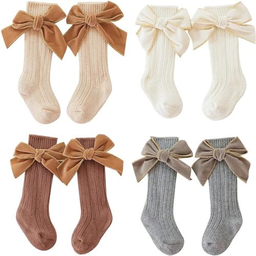 Merqwadd 4-Pack Baby Girls Knee High Socks Infants Toddlers Bow Knit Socks Cotton Tube Ruffled Stockings