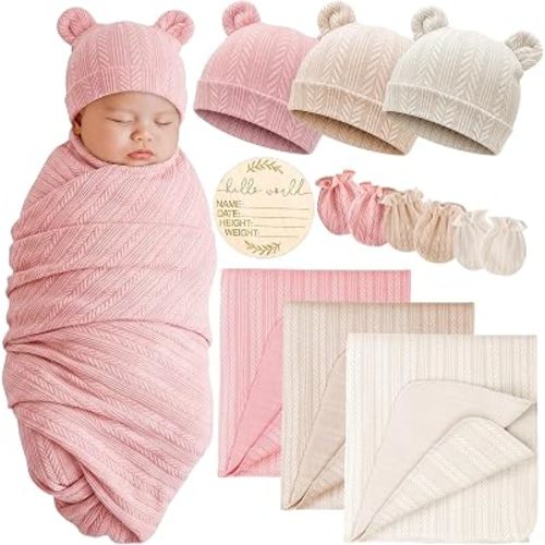 AQOKKA 3 Sets Cotton Baby Swaddle Blankets Wrap with Cute Bear Ears Hats Elastic Mittens Wooden Birth Announcement Card Soft Nursery Receiving Swaddles for Newborn Infant Girl Boy 0-3 Months