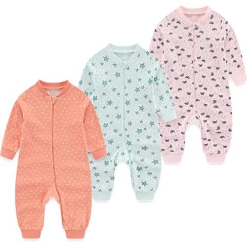MAMIMAKA Newborn Baby 2-way Zipper Romper Cotton One-piece Jumsuit 3-pack, 0-24 Months