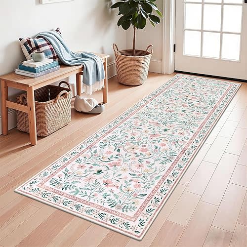 SHACOS Pink Floral Runner Rugs 2x6 Nursery Rug, Machine Washable Soft Print Boho Carpet for Bedroom, Non Slip Low-Pile Floral Carpet for Living Room Kids Room Entryway Indoor, Pink