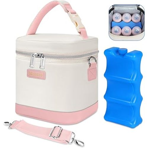 Mancro Breast Milk Cooler Bag with Ice Pack, Baby Bottle Bag Holds 6 Bottles Up to 9oz, Leak-Proof Insulated Storage for Nursing Moms, Daycare or Travel, Pink & Beige
